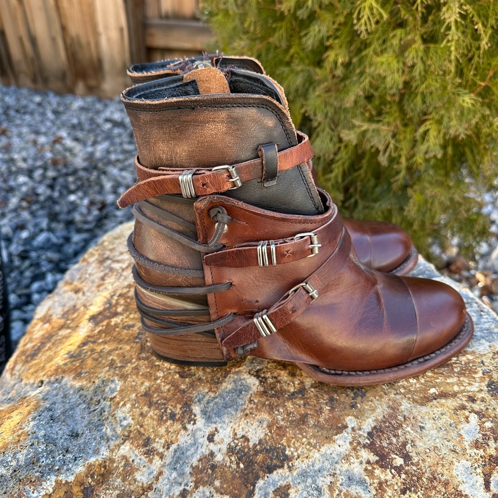 Freebird Brown Leather Ankle Boots with Buckle Straps